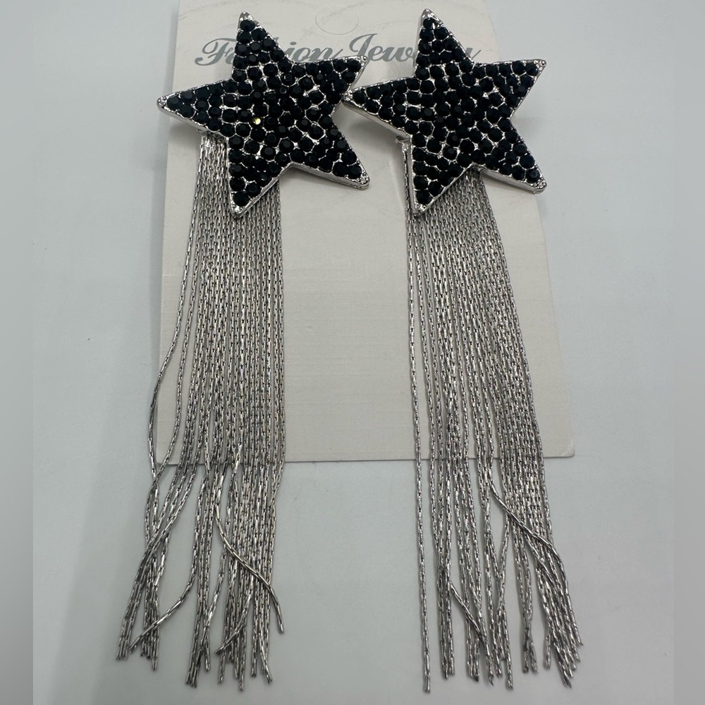 Black Star Earrings with Silver Fringes